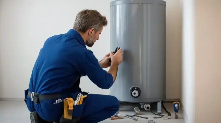 Technician servicing hot water tank in Vancouver